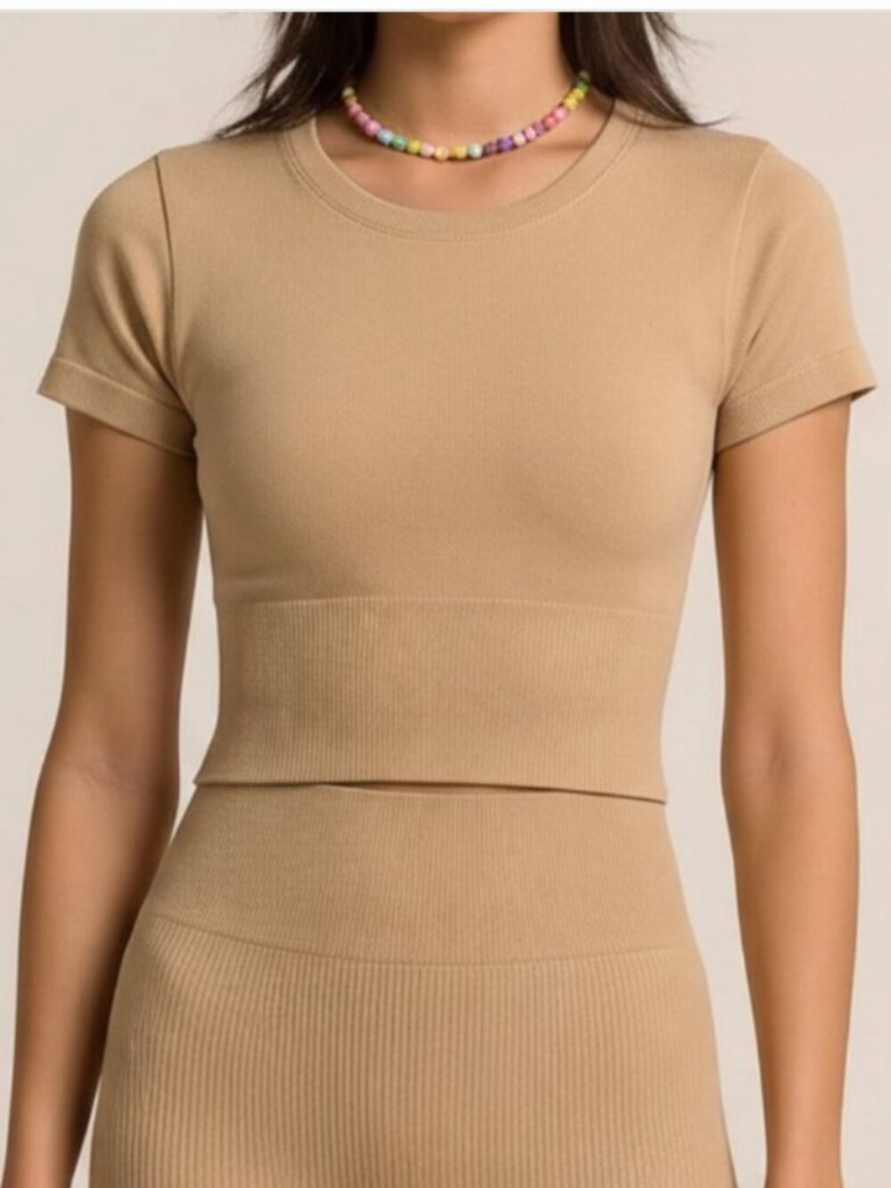 Aerie Offline Seamless Crop Top XXS Tan Crewneck Stretch Athletic Pilates Gym
